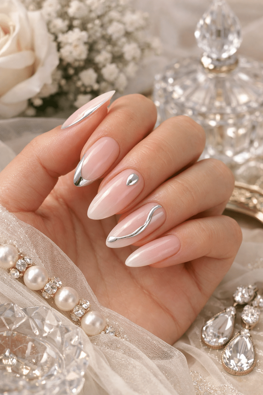 Milky pink almond nails with chrome accents on a soft background