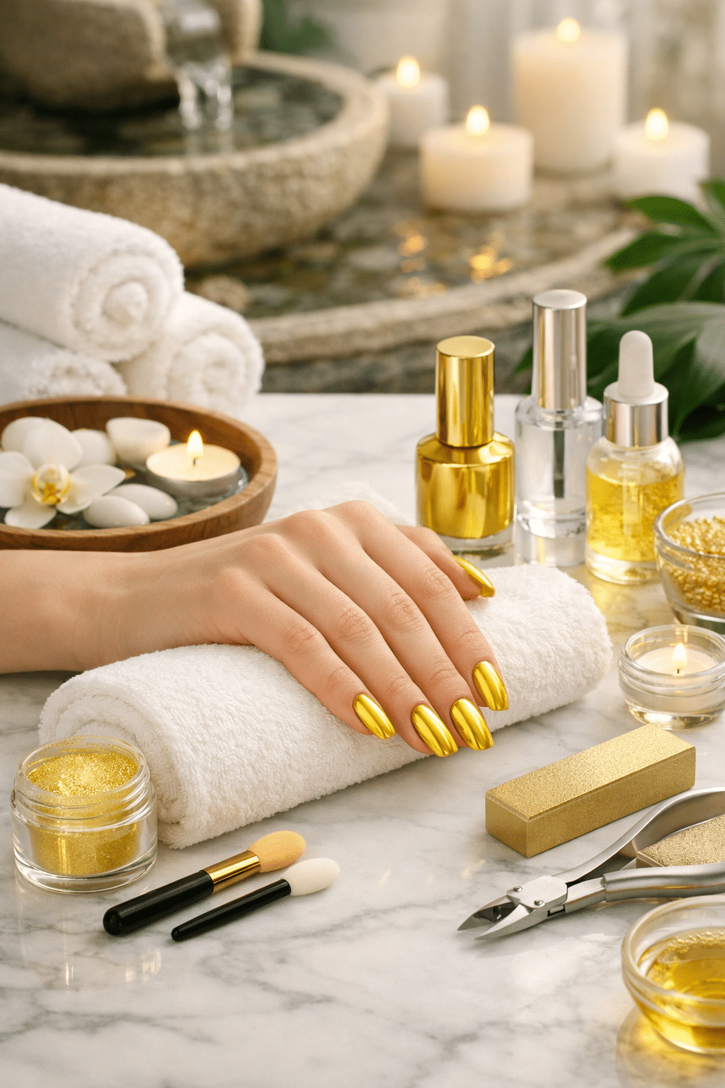A hand with yellow chrome almond nails resting on a white towel with nail care products in the background.