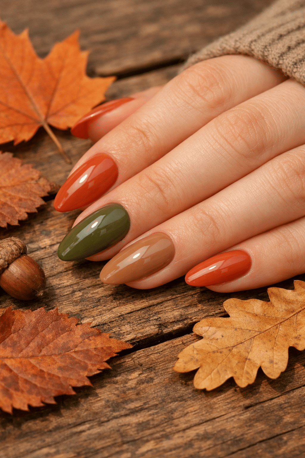 A hand with short almond nails painted in earthy tones including orange, green, and brown, surrounded by autumn leaves.