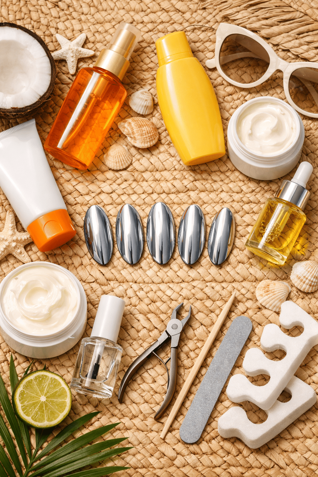 Nail care essentials including chrome nails and beauty products arranged on a textured surface.