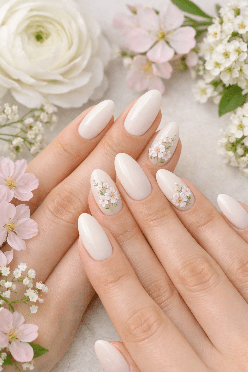 Close-up of elegant soft white almond nails with floral designs