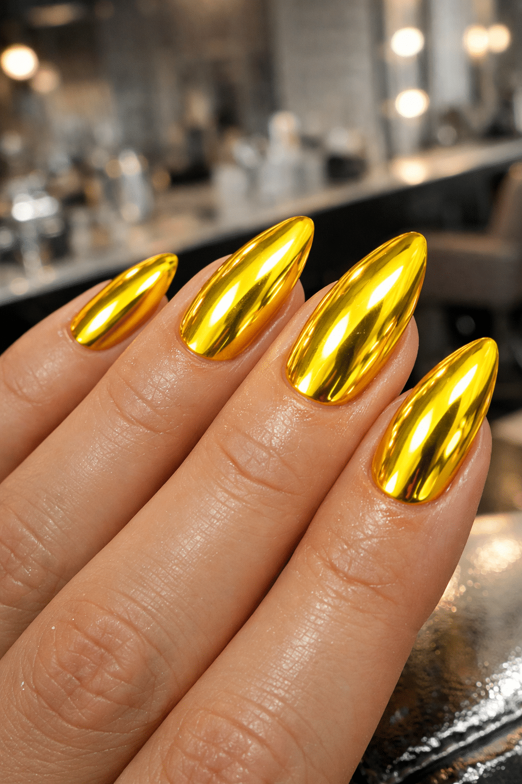 Close-up of almond-shaped nails with vibrant yellow chrome finish.
