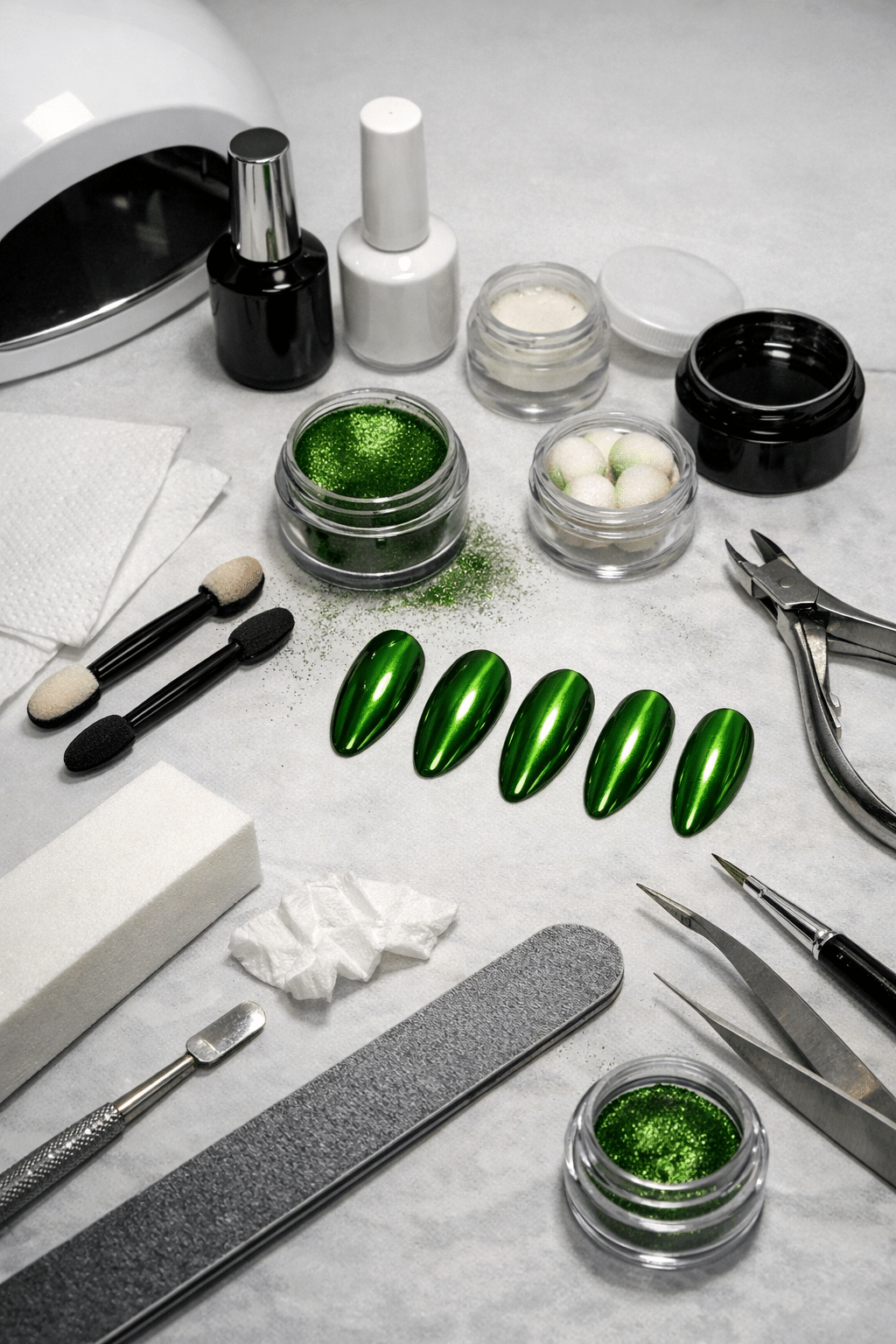 A variety of nail tools and products for creating green chrome almond nails.