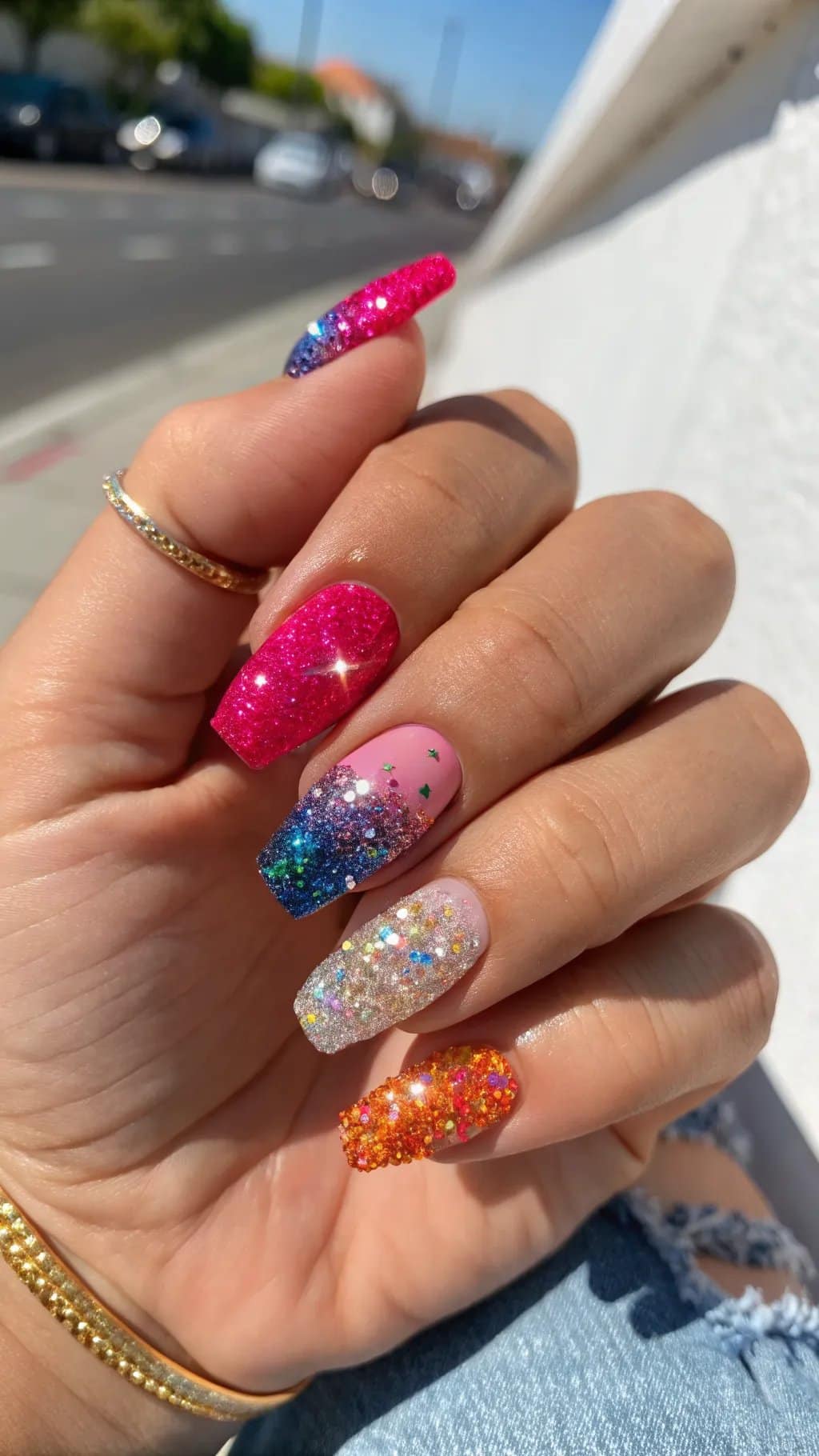 9 Trendy Summer Nail Designs for 2026 8 A close-up of colorful nails featuring bold glitter accents in various shades.