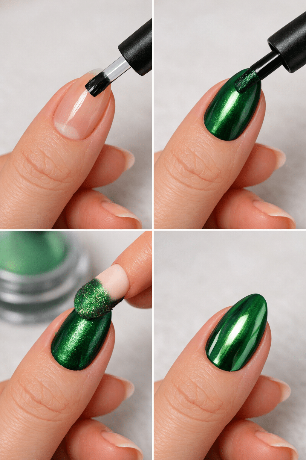 Step-by-step application process of green chrome nails