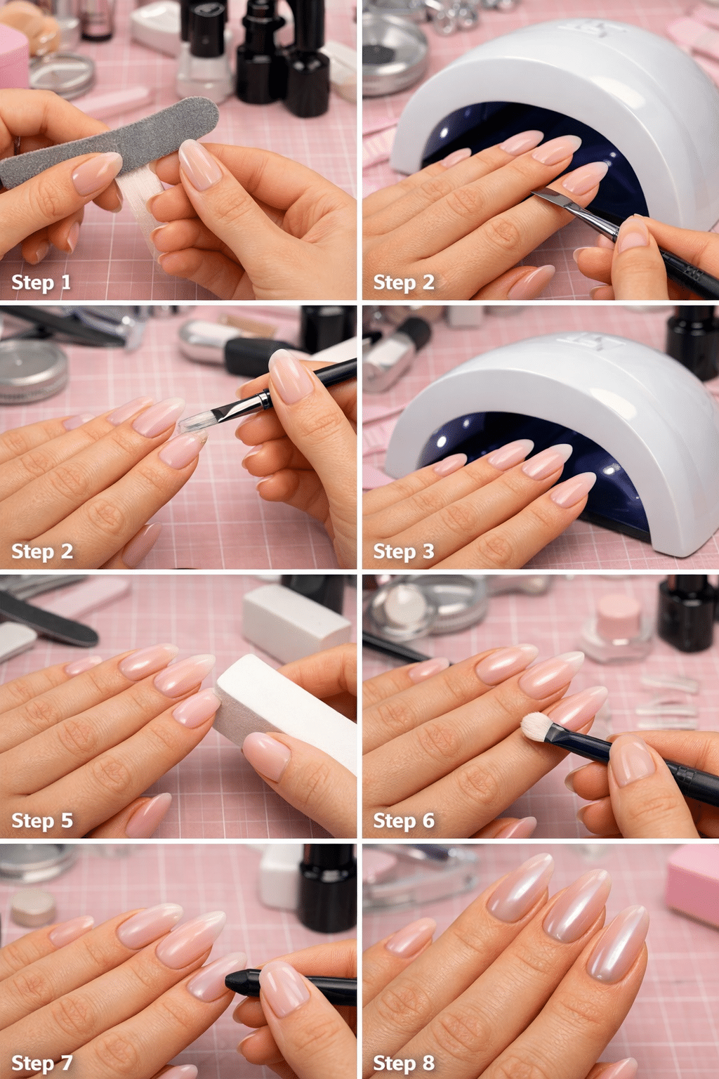 Step-by-step process for DIY milky pink almond nails with chrome finish