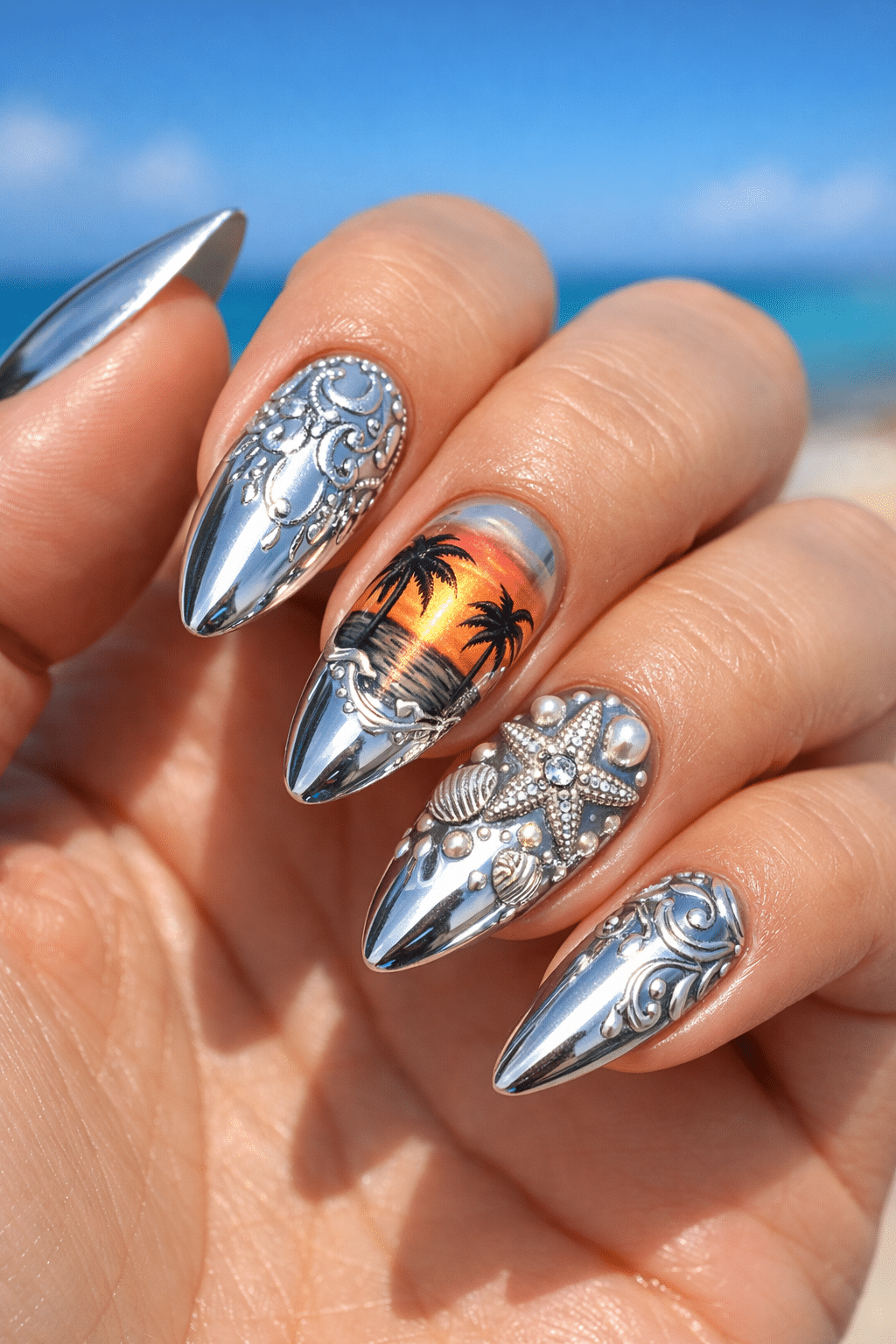 Beautiful almond chrome nails with a sunset design and beach-themed embellishments
