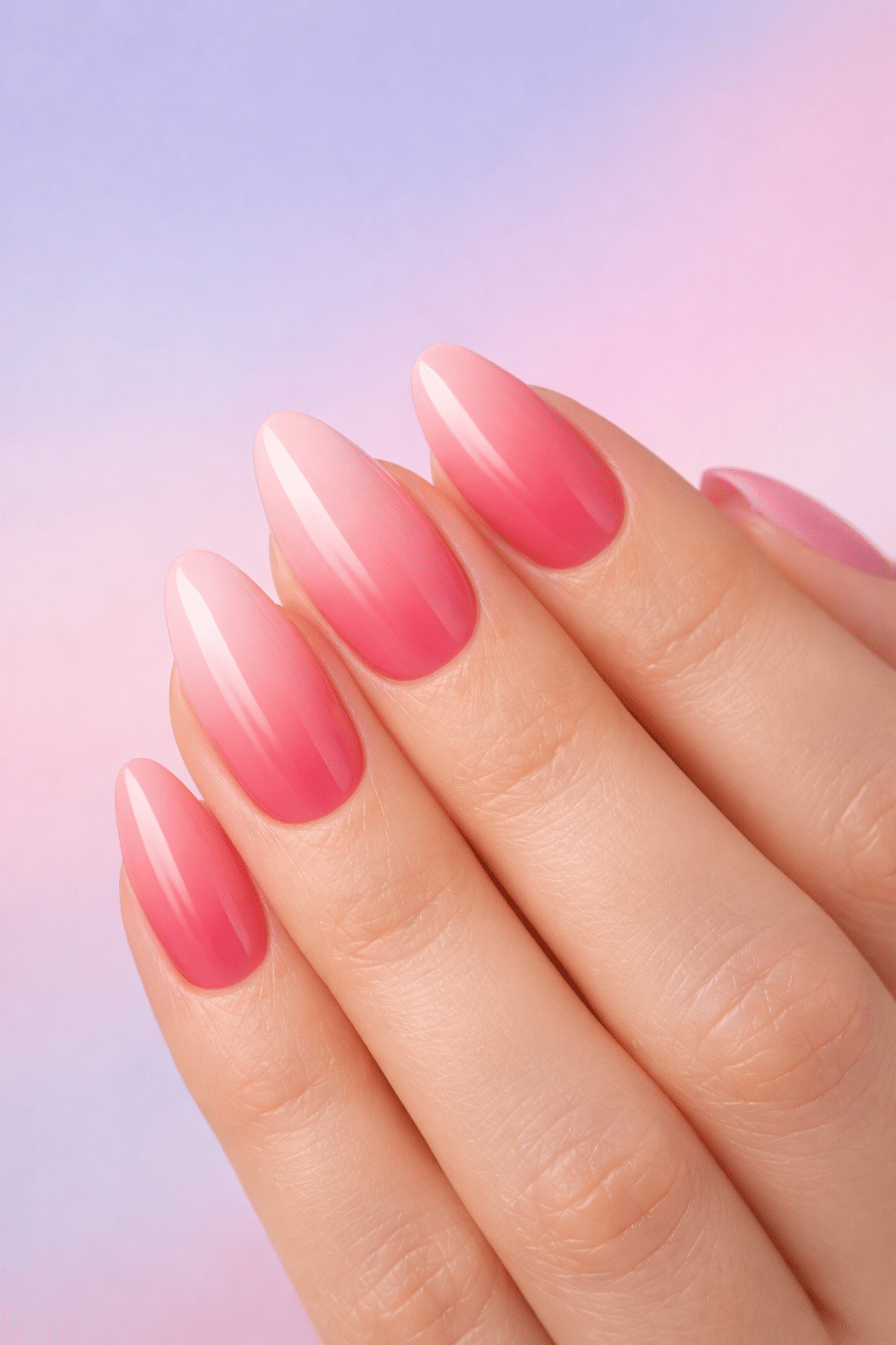 Ombre effect nails in soft pink shades with a glossy finish