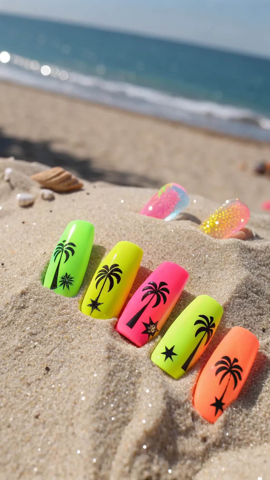 9 Trendy Summer Nail Designs for 2026 2 Colorful neon nail designs with palm tree and star patterns on a sandy beach