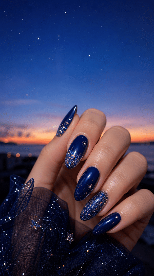 A hand with sparkling blue nails against a beautiful sunset background.