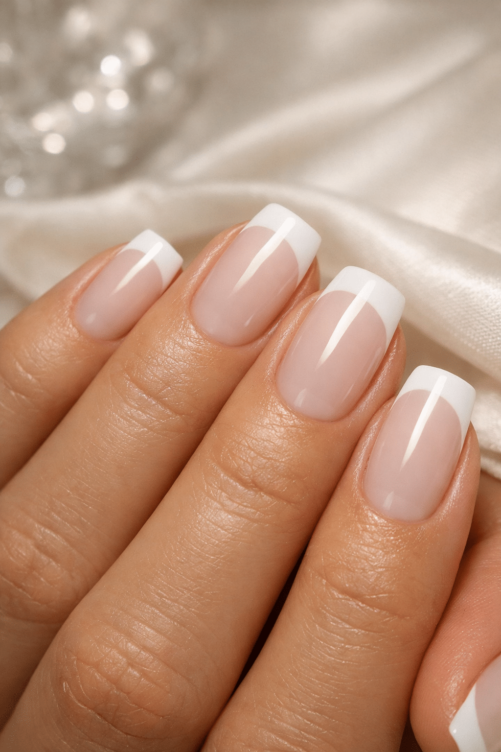 Classic French tips on almond-shaped nails with a milky white color.
