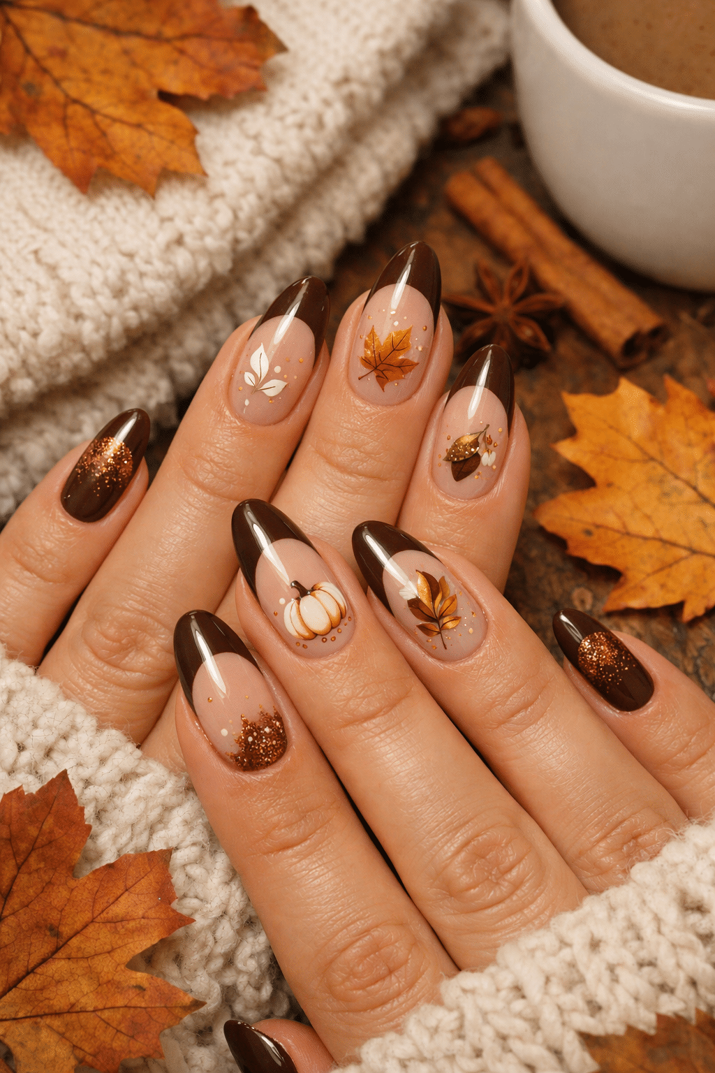 Almond nails featuring brown French tips with autumn-themed nail art.