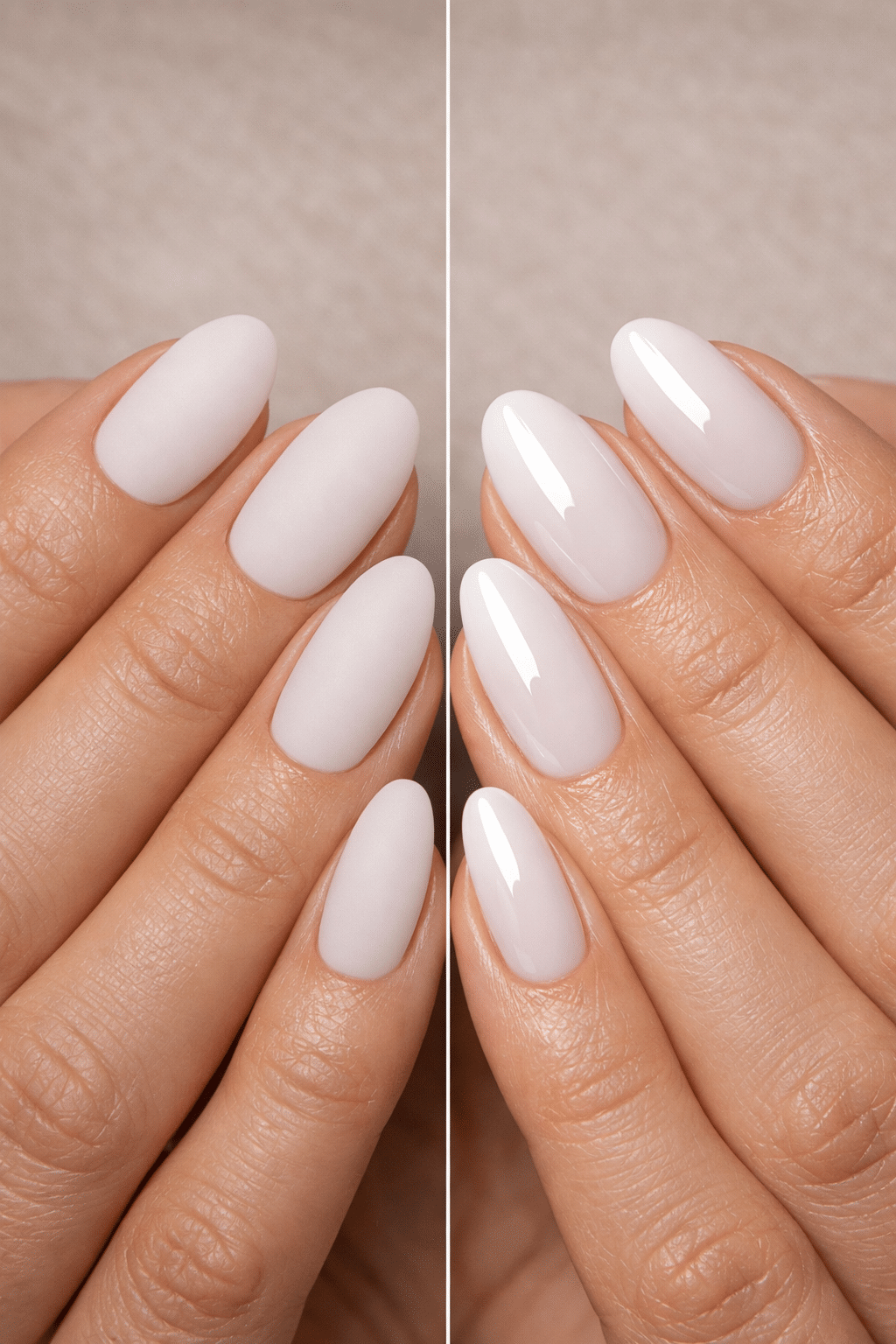 Comparison of matte and glossy milky white almond nails
