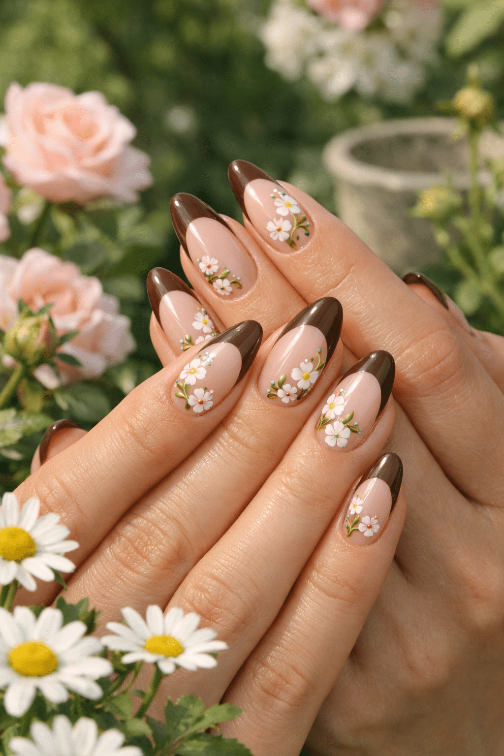 Almond nails featuring brown French tips and floral nail art