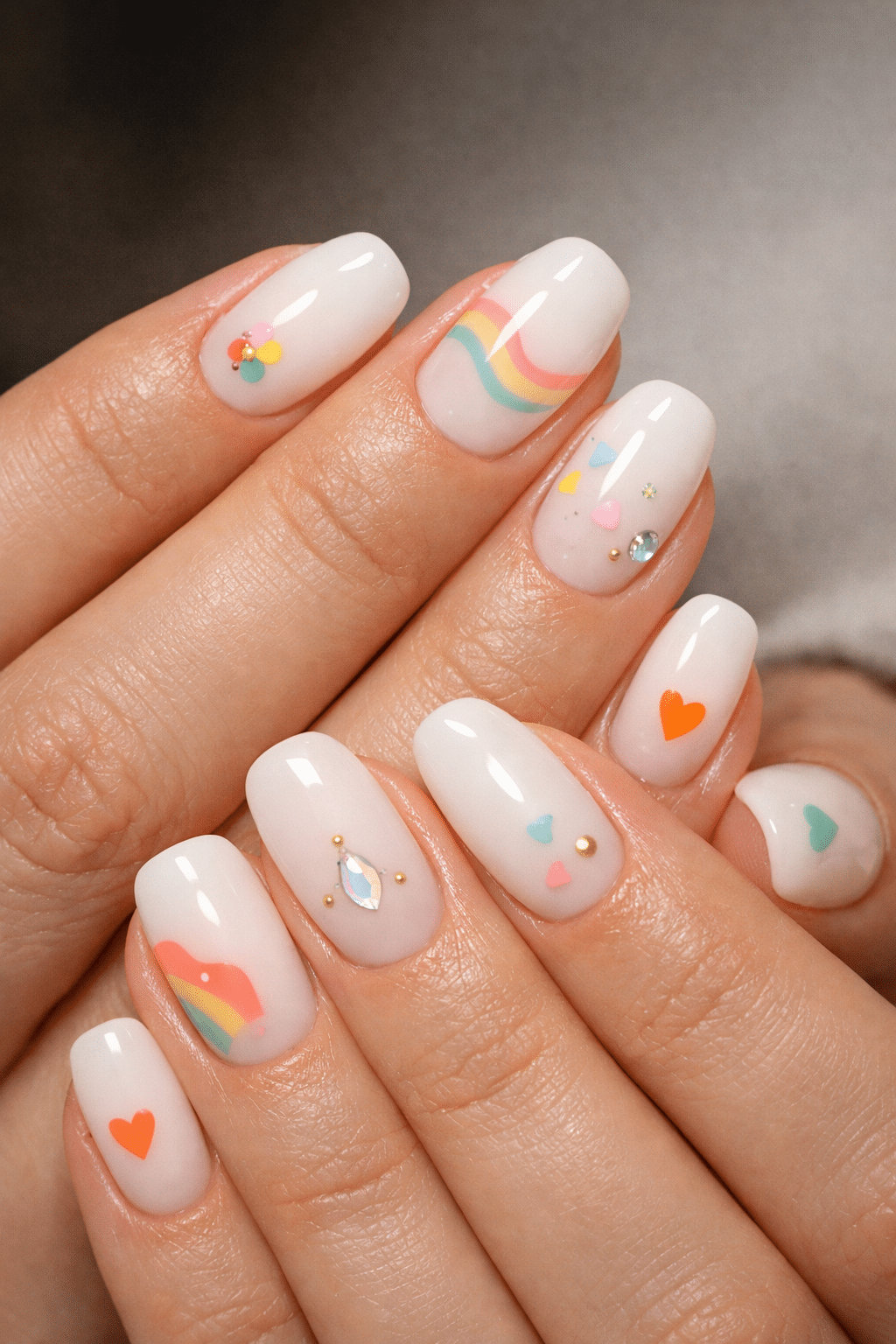Short almond nails painted in milky white with colorful accents