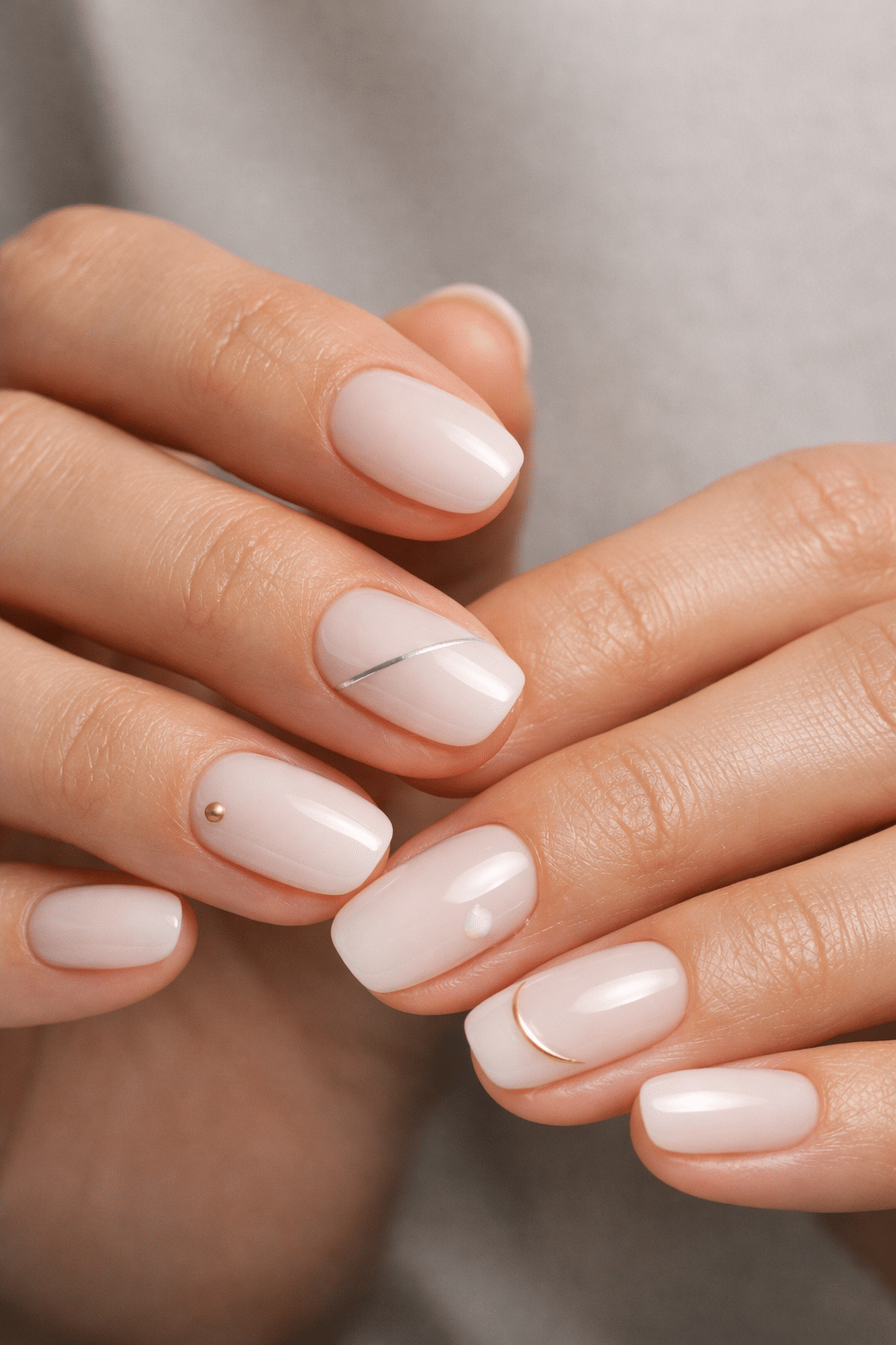 A close-up of short almond-shaped nails painted in a milky white color with minimalist nail art designs, including gold and silver accents.