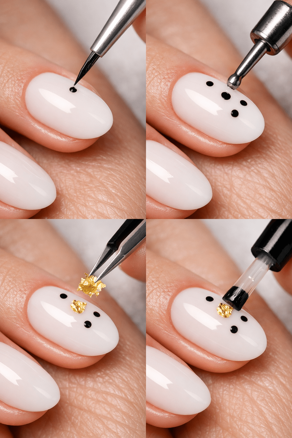 Nail art process showing black dots and gold accents on milky white almond-shaped nails.