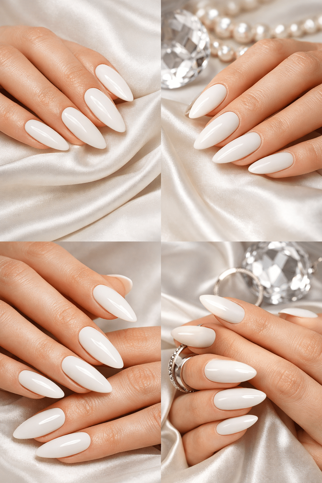 Trendy almond-shaped milky white nails displayed in different orientations.