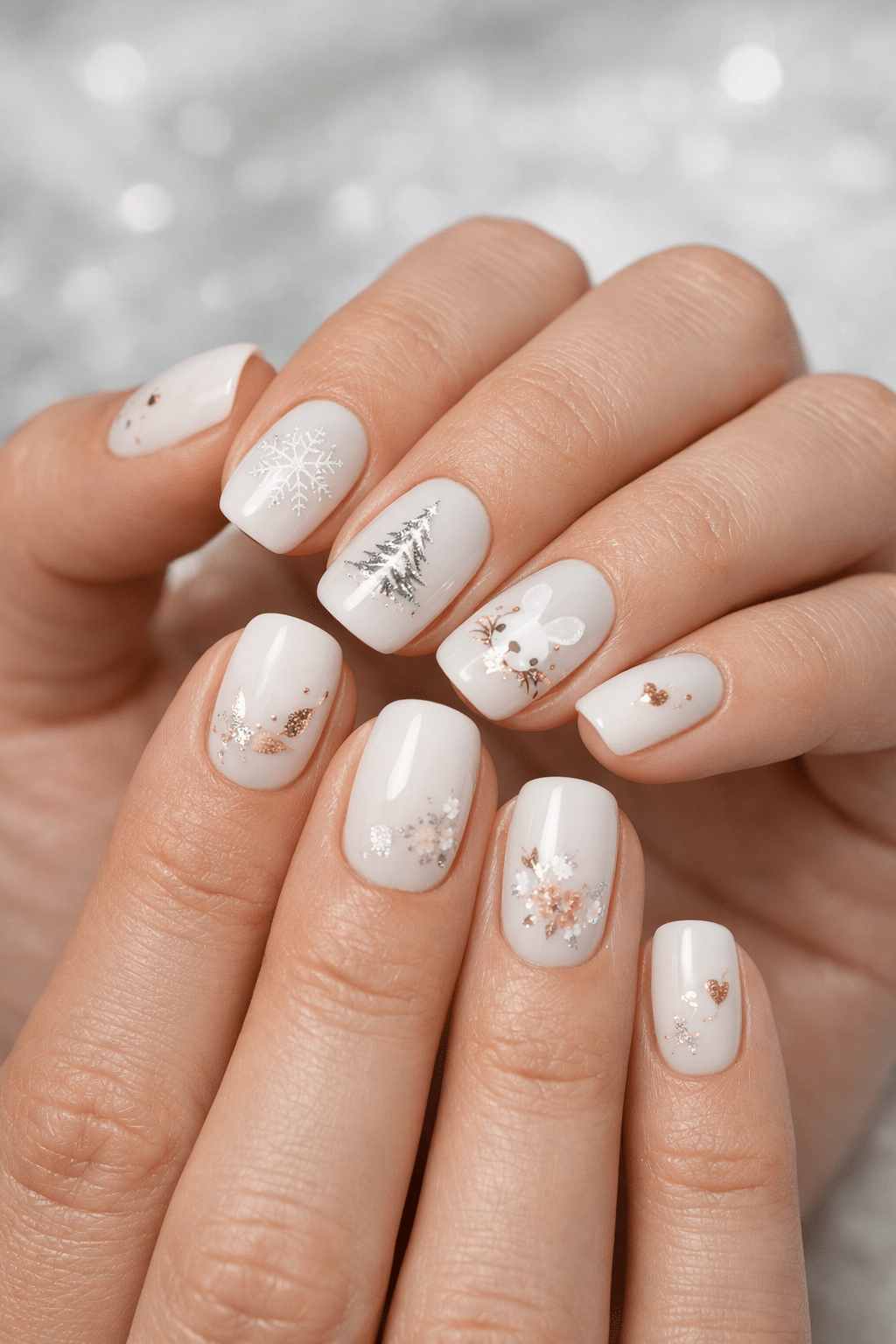 Close-up of short almond shape milky white nails with festive designs including snowflakes and flowers.