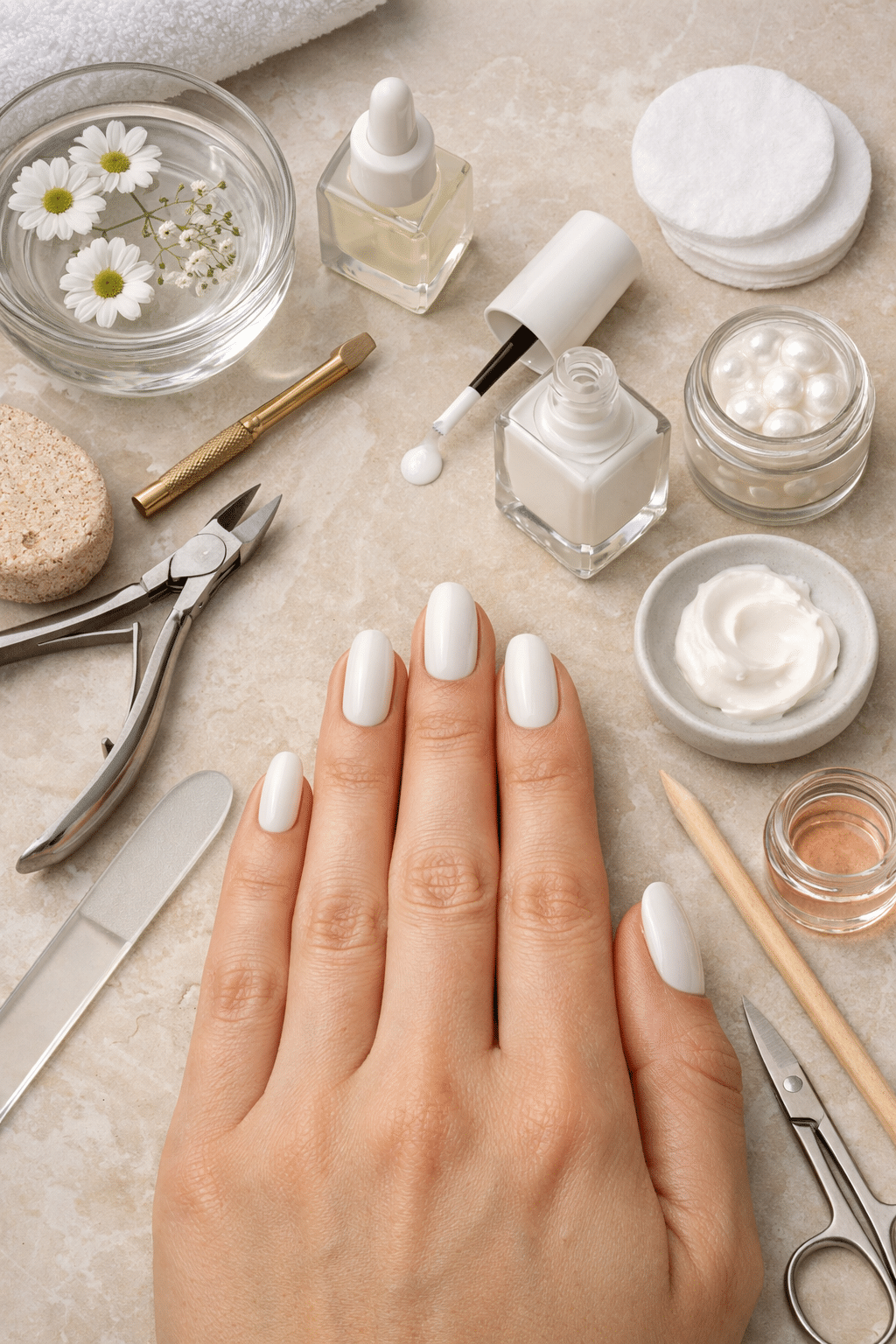 A close-up image of short almond nails painted in milky white, surrounded by nail care tools and products.