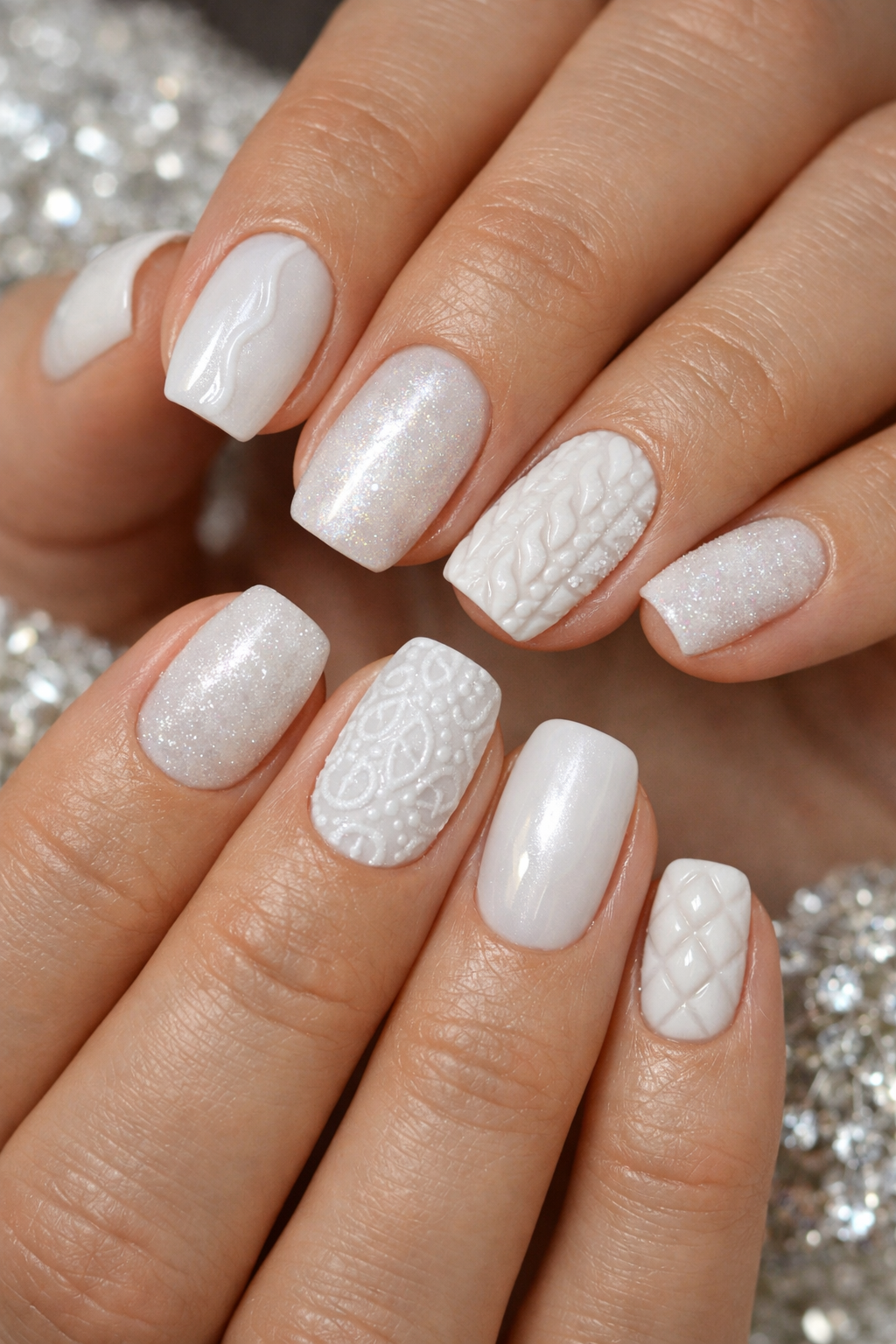 A close-up view of short almond-shaped nails featuring various textures in milky white hues.