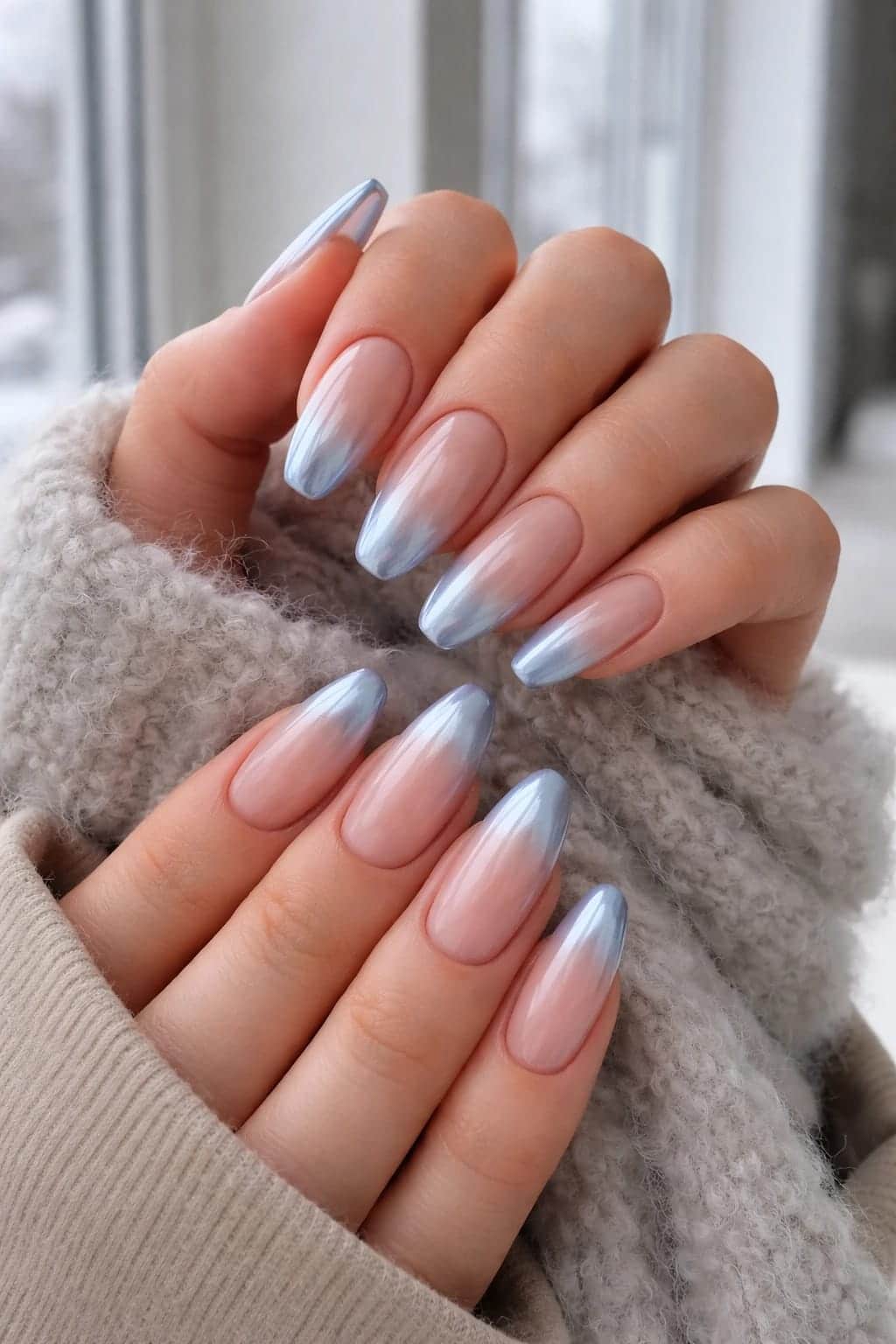 17 Chrome Baby Blue French Tip Nail Ideas to Screenshot for Your Next Winter Manicure 21 Icy Chrome Baby Blue French Ombre for Cozy Winter Days